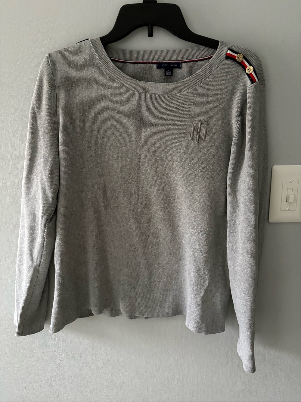 Tommy Hilfiger Light Gray Crewneck Sweater with Striped Button Shoulder